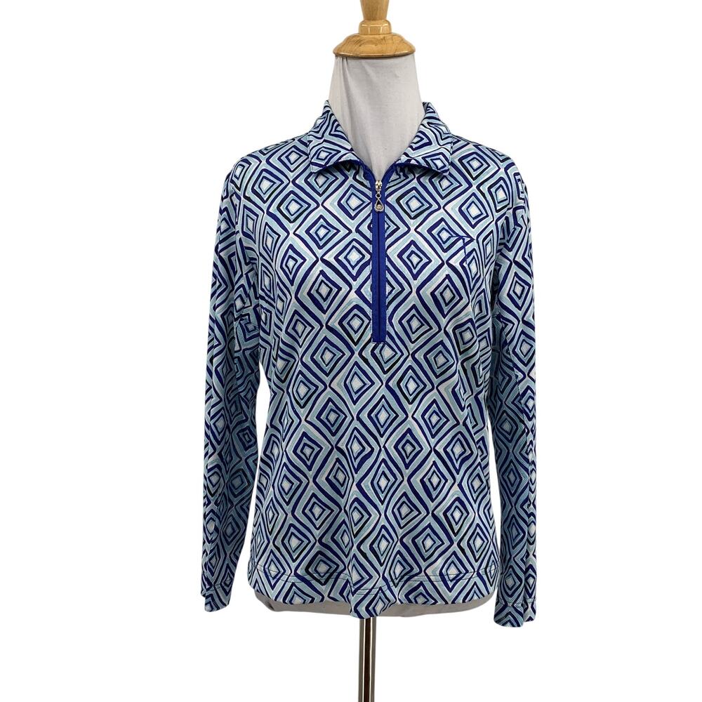 SanSoleil Shirt Womens Small Lapis Baby Blue Geometric 1/4 Zip UPF Mesh Sleeves